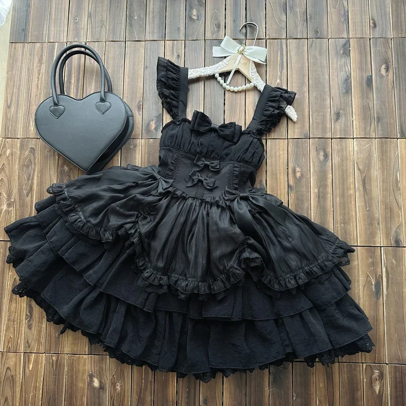 Original Design New Summer Lolita Dress Women\'s Sweet Flower Wedding Lace Bowknot JSK Sling Dress Black and White Princess Dress