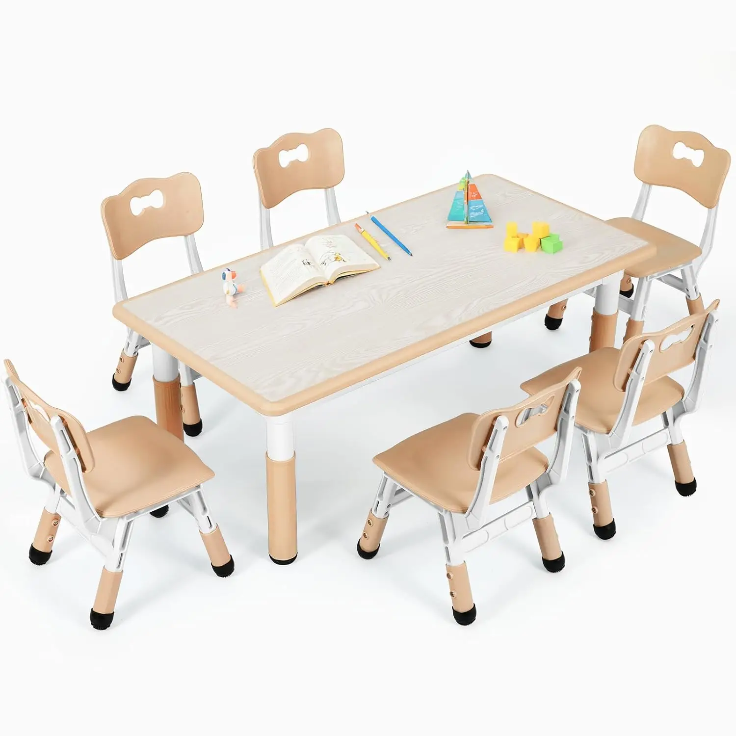 Kids Table and 6 Chairs Set, Height Adjustable Graffiti Desk, Preschool Activity Art Craft Table, for Daycare, Customized