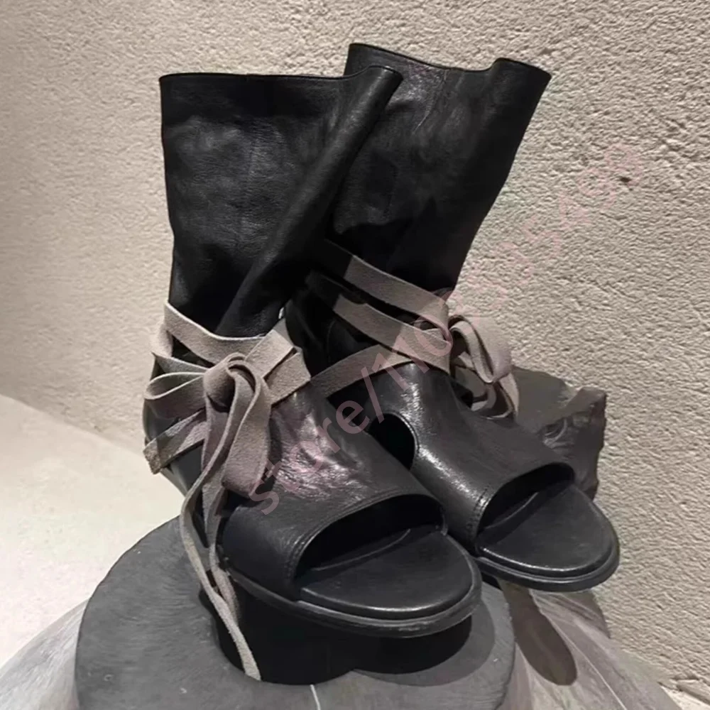 

Retro Lace-Up Flat Summer Sandal Boots 2026 Outdoor Open-Toe Boots Solid Color Outdoor Casual Women's Mid-Calf Boots