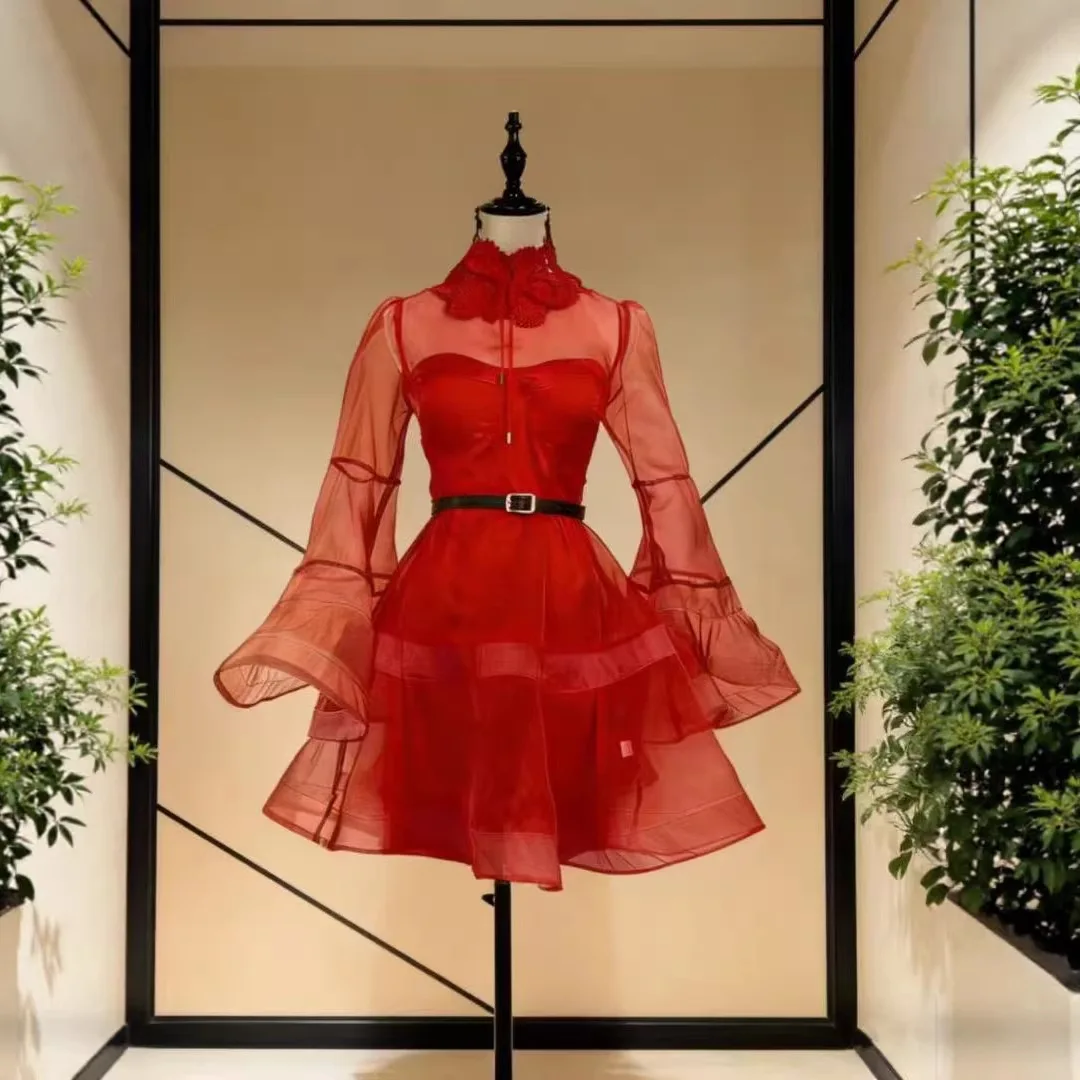2025年ファッショナブルでエレガント、セクシーな赤いチュールシアーメッシュスカート、長袖フリル付き、女性用ストリートウェア、パーティー、イブニング、デートナイトに
