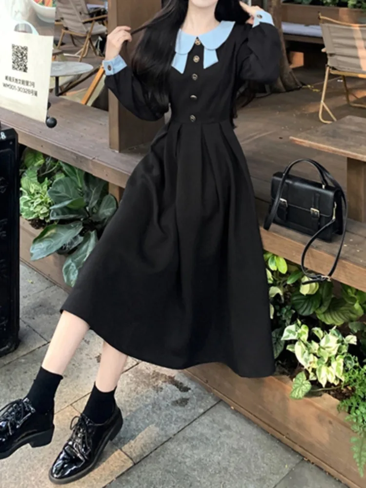 Hikigawa 2023 Preppy Causal Women Dress Peter Pan Collar All Match Dresses Long Sleeve Chic Fashion Elegant Vestido De Mujer