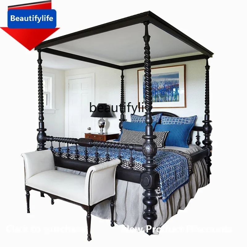 ss1089 Light Luxury Solid Wood Pillar Bed Black Carved Three-Dimensional Vintage Distressed Minimalist Style Double Bed Customiz