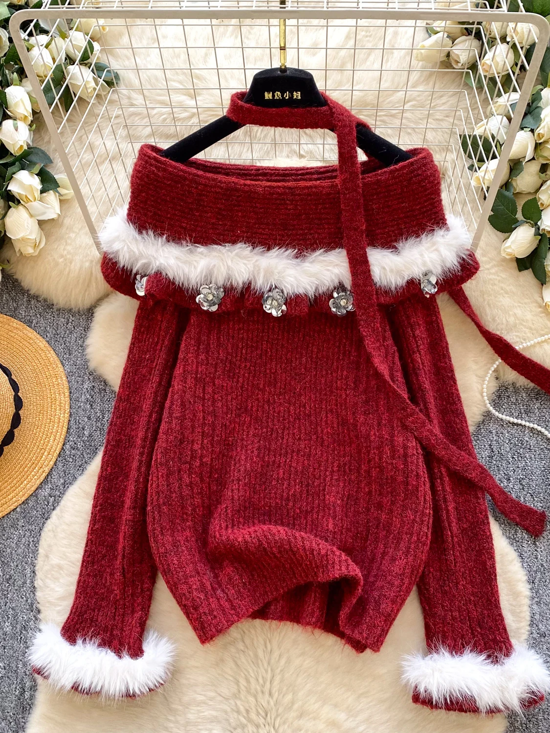 

Французский вязаный свитер с эффектом слэш-сплайсинга, женский свободный удлиненный свитер с открытыми плечами, осенне-зимний, новый дизайн, облегающий топ