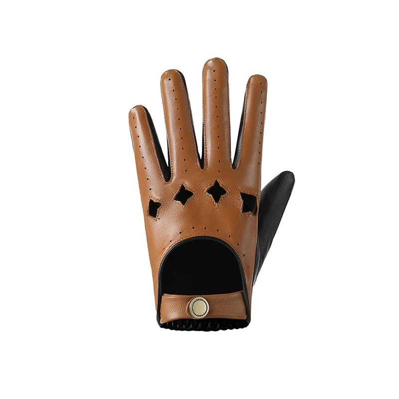 Men's Vintage Hollow Out Patchwork Genuine Leather Glove Male Short Spring Summer Motorcycle Touchscreen Driving Glove R3032