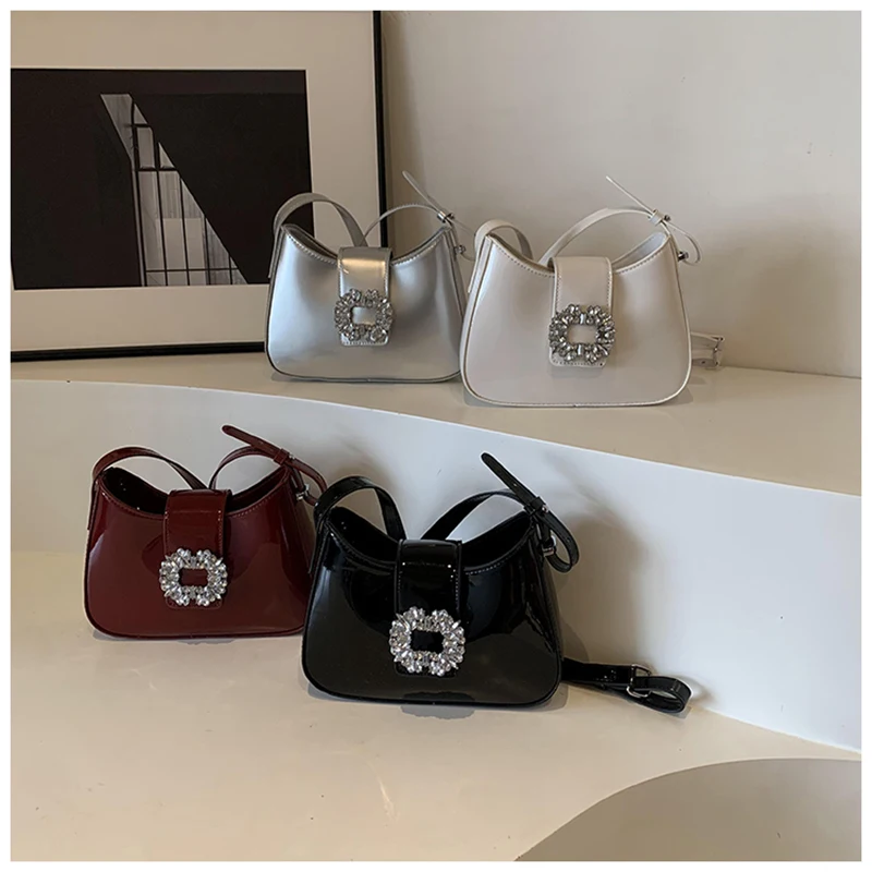 Fashion Lacquer Leather One Shoulder Underarm Bag Solid Color Diamond Button Crossbody Bag For Women Red Wedding Bride Handbag