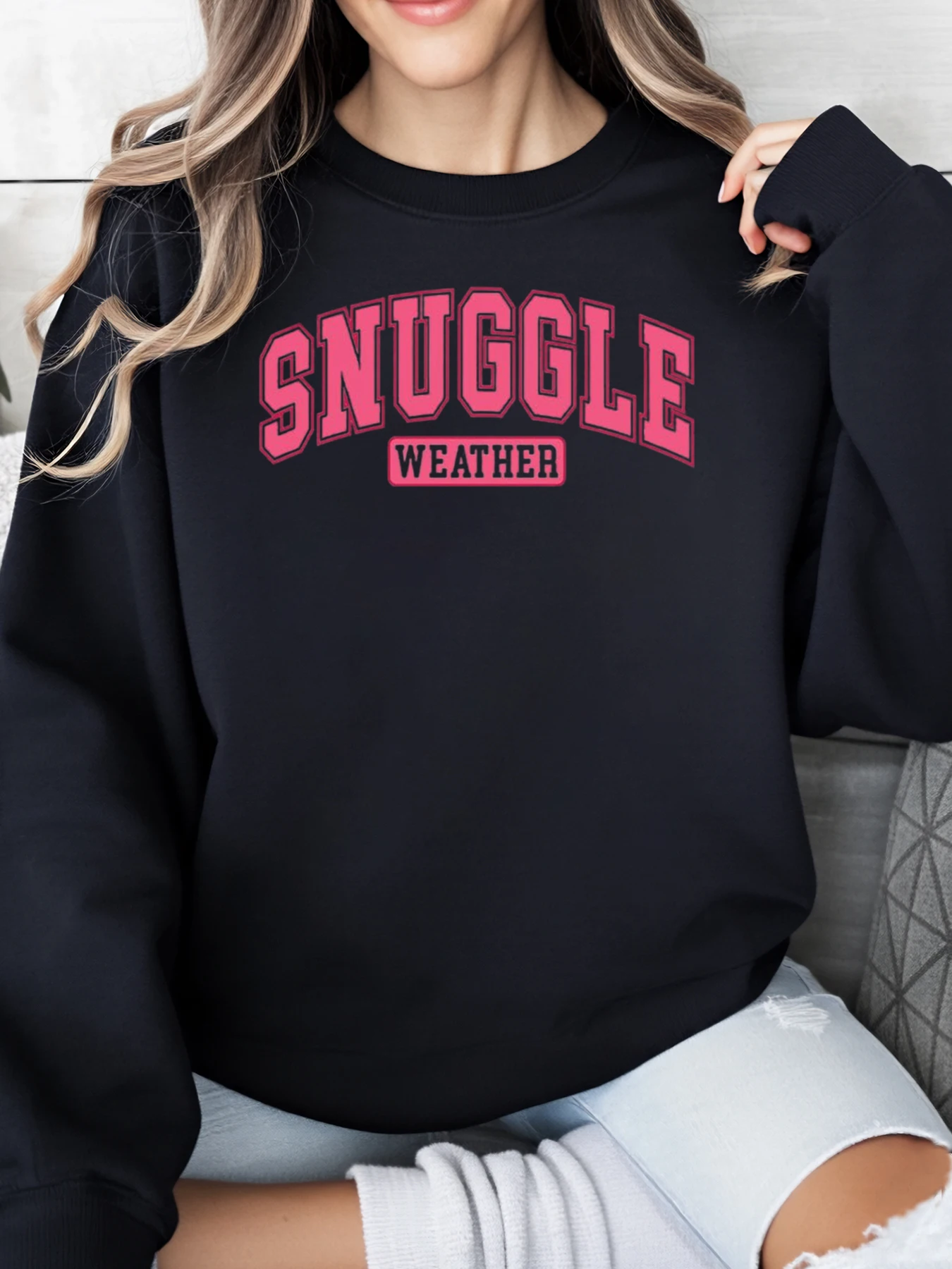 

Snuggle Weather Print Sweatshirt Halloween Women Casual Wear Black Plus-Size