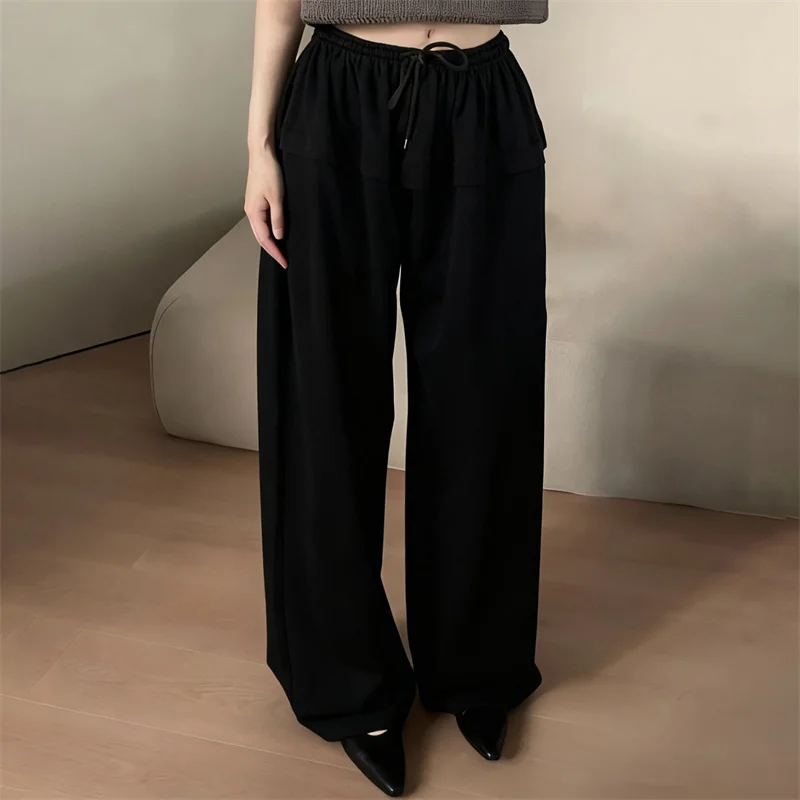 

Women's pants New elastic knitted pure cotton straight leg pants for winter 2025 Elastic waist Trousers ruffled wide leg pants