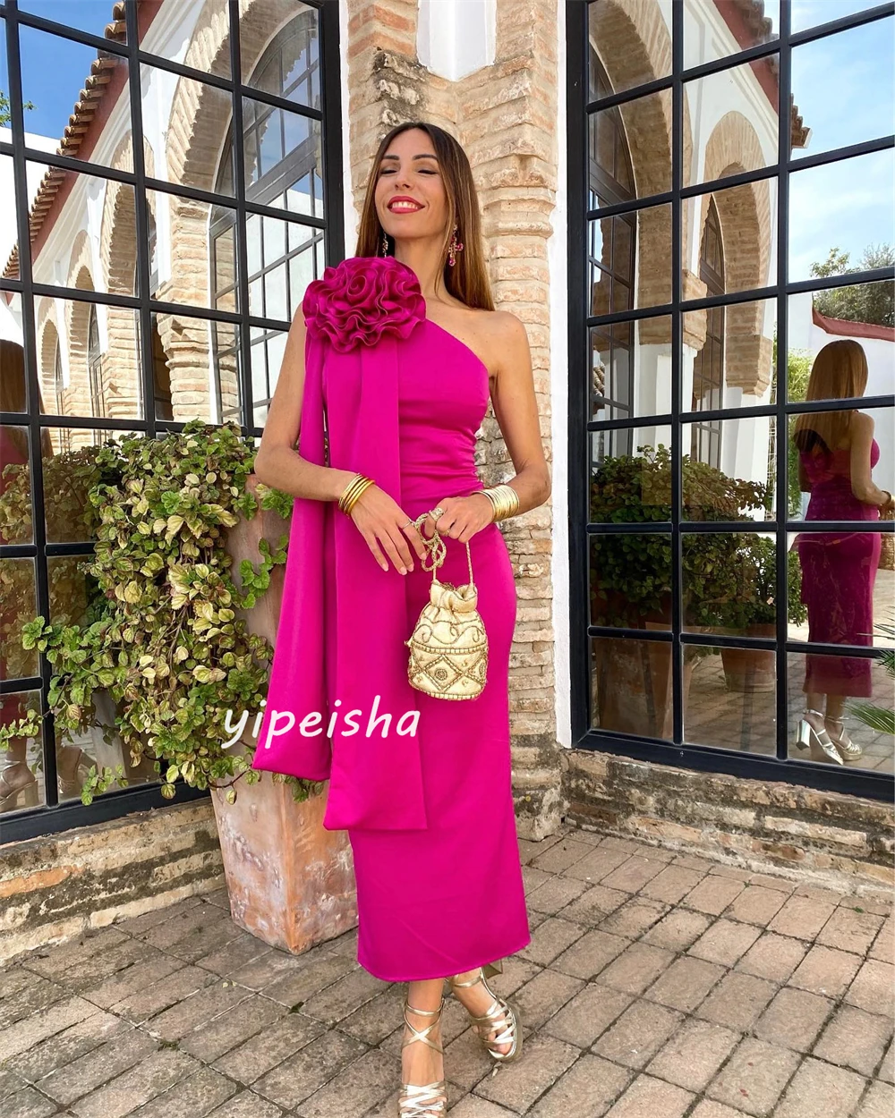 Saudi Arabia Ball Dress Evening Jersey Handmade Flower Engagement A-line One-shoulder Bespoke Occasion Gown Midi Dresses