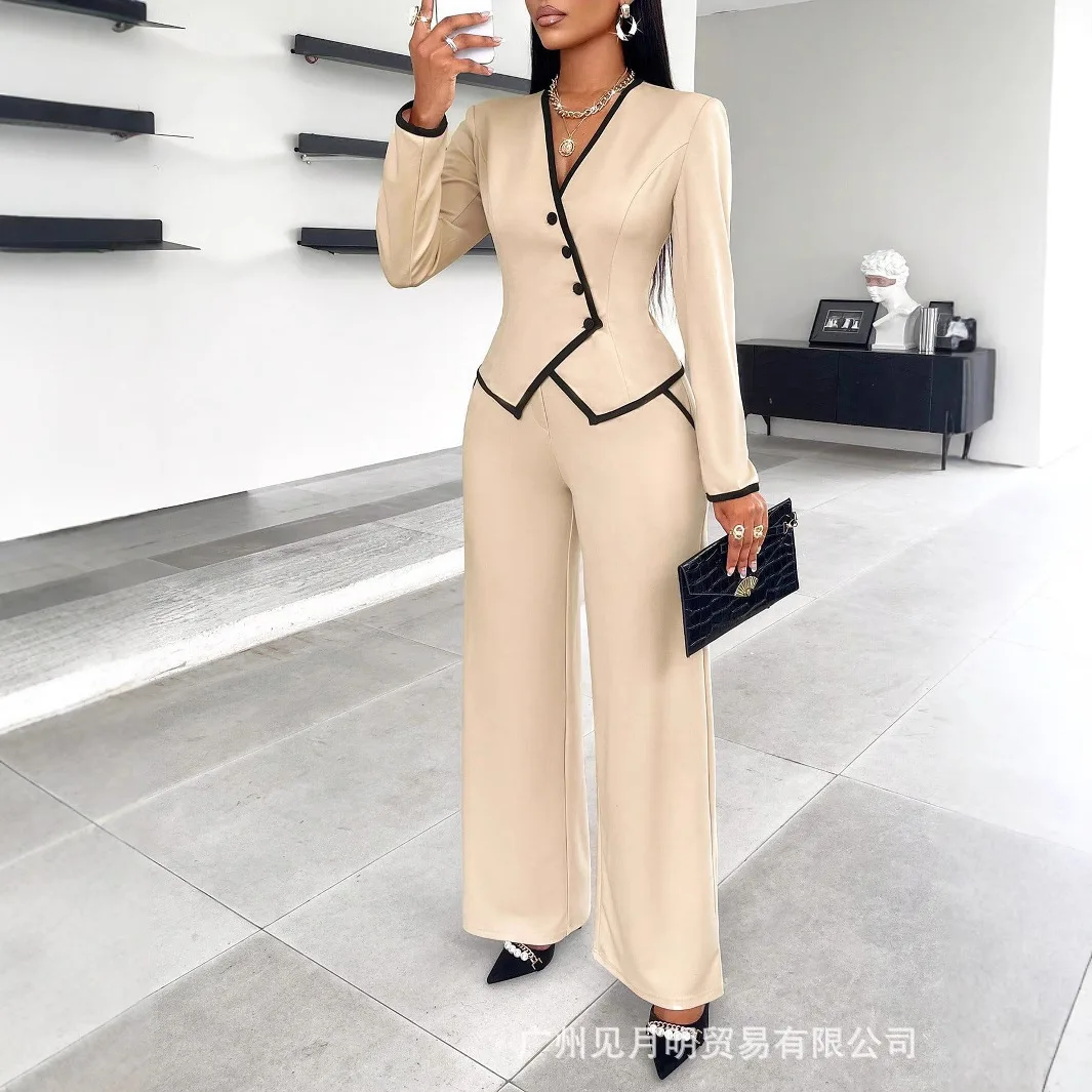 Women's Blazer Pants Set Asymmetric Hem Single Breasted Contrast Trim Matching Set Suits