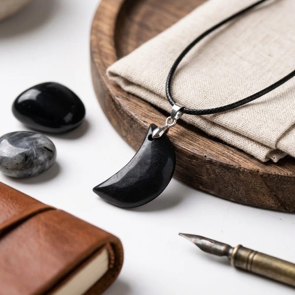 Natural Shungite Moon Pendant Stone, Raw Karelian Crystal for Healing Energy Protection, DIY Jewelry Making Gift