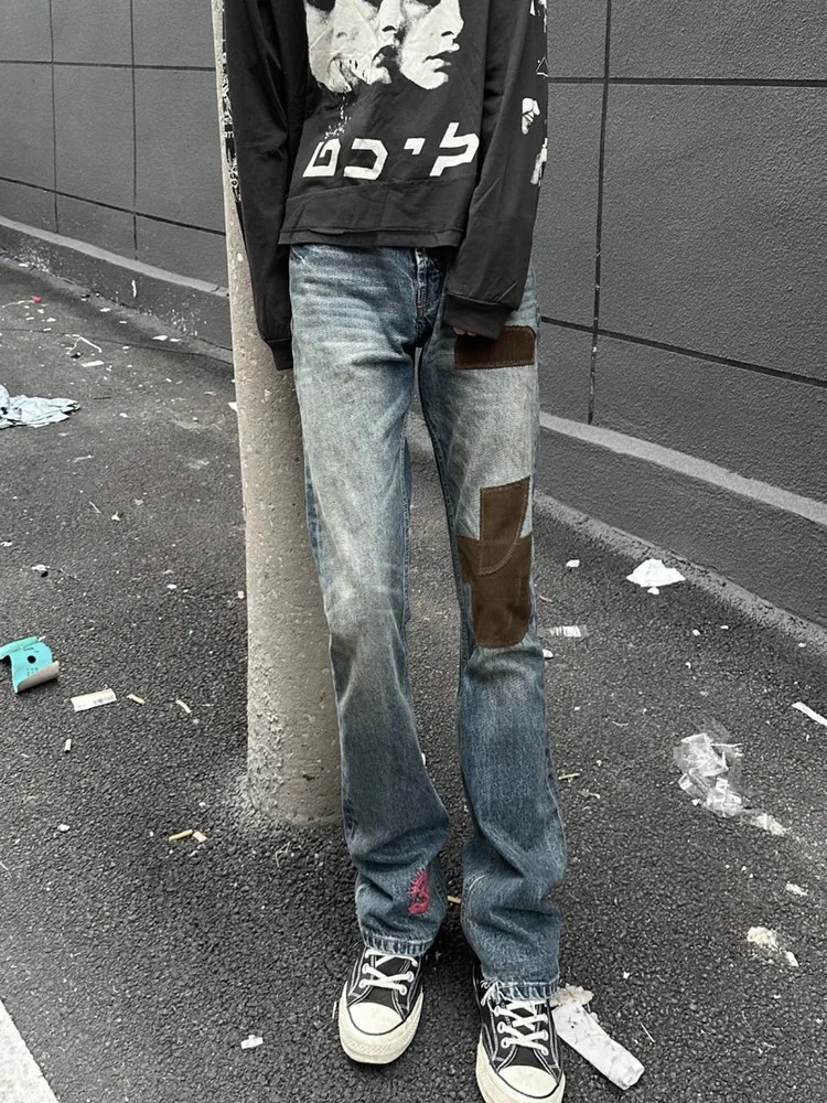 Washed Denim Jeans Men's Women's Straight Leg Cotton Torn Embroidery Street Style Sad Rich Kid's Patch Worked in Ink Spray