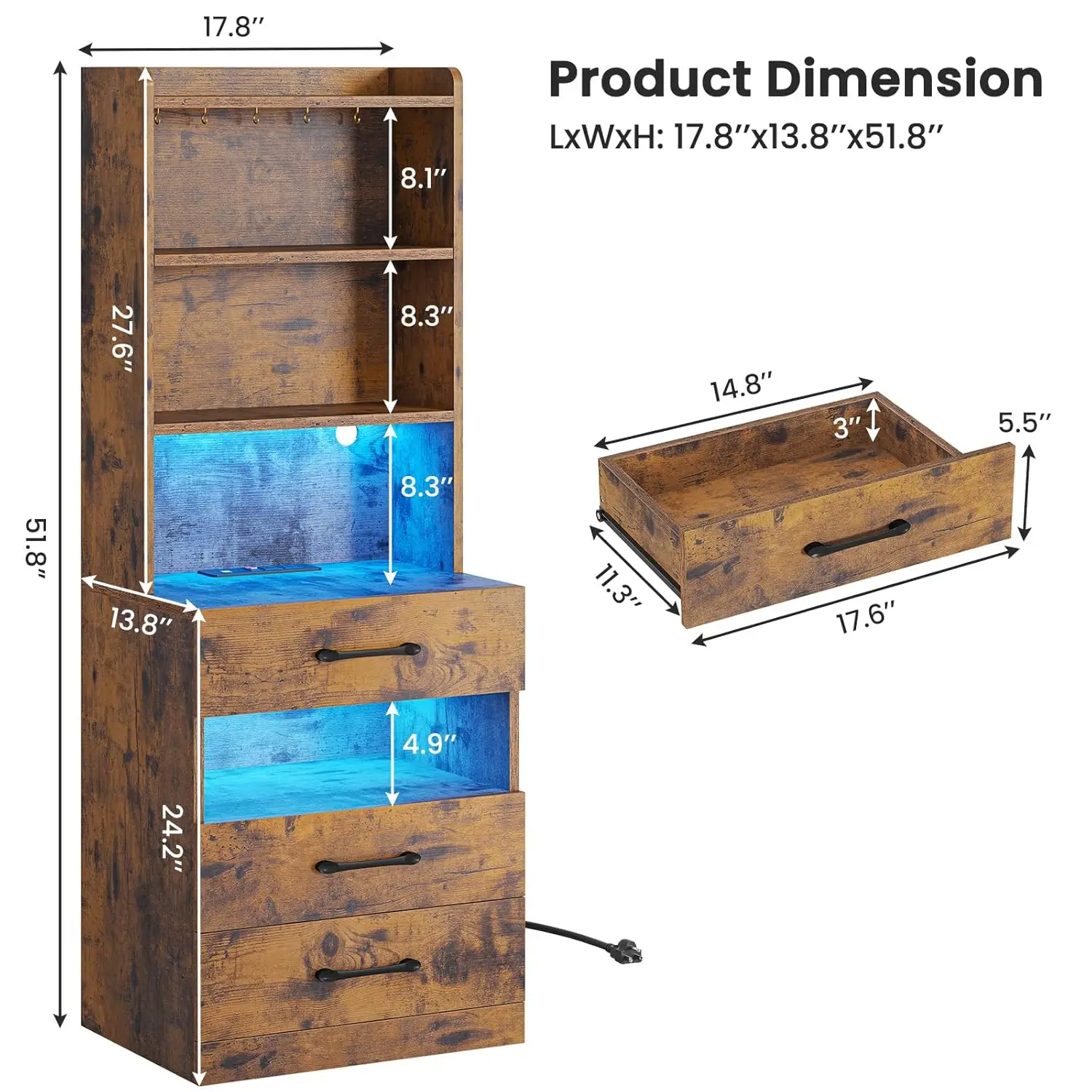 Tall Nightstand with Charging Station and LED Lights, Rustic Brown Night Stand with Bookshelf, Modern LED Bedside, Customized - view 2