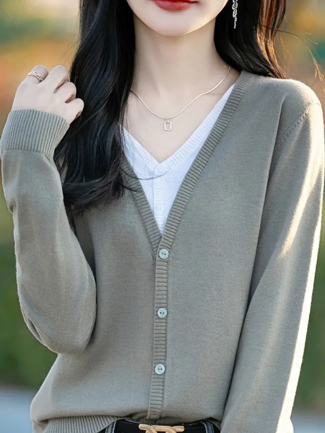 

High-End European Design Knitted V-Ne Color Blo Fake Two-Piece Sweater Cardigan Women's Faion Spring Autumn Top