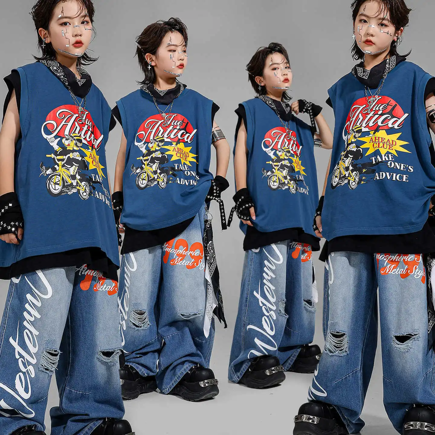 

Kid Kpop Hip Hop Clothing Print Tank Denim Blue Casual Distressed Ripped Jeans Baggy Pants for Girl Boy Dance Costumes Clothes