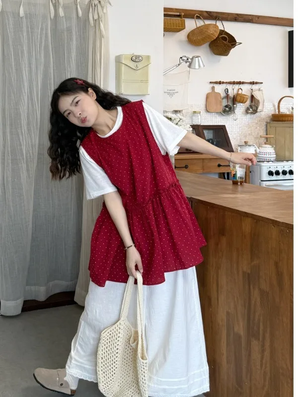 

plus Size Women's Sweet Polka Dot Wooden Trim Splice Vest Top High Waist Wide Leg Pants Set Summer New Style Commute Kor...
