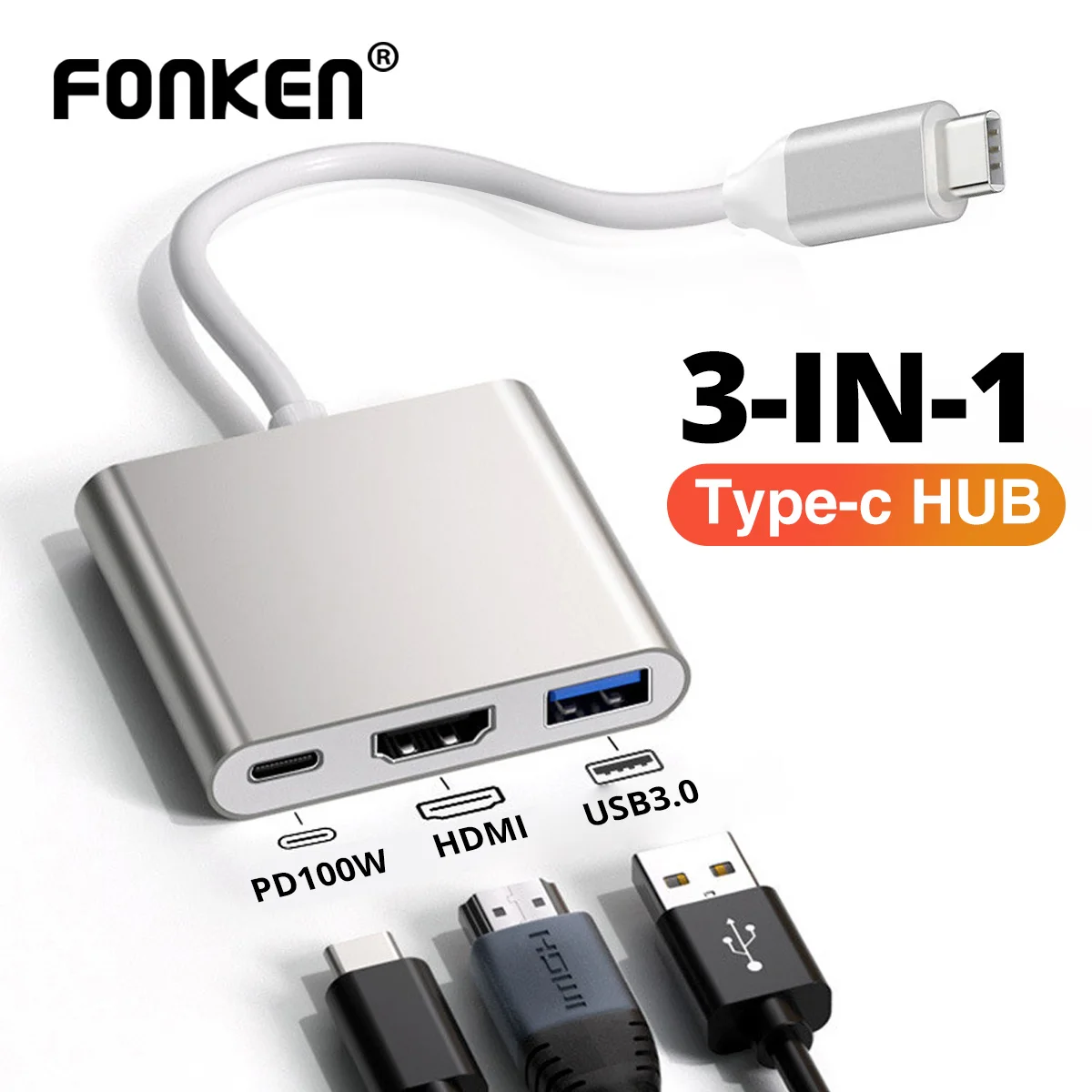 

3 в 1 USB C-HDMI-совместимый адаптер USB 3.0 Концентратор типа C для зарядки для ноутбука Samsung S23 Ultra Huawei Xiaomi Macbook