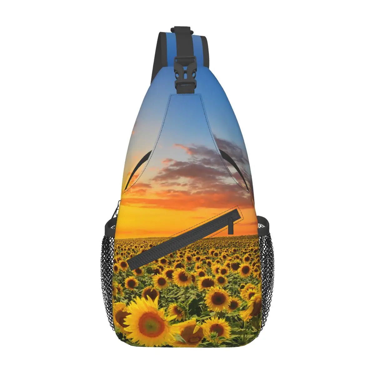 Feld der blühenden Sonnenblumen Schulter taschen Brust Cross body Schulter gurt Rucksack Outdoor Sport Tages rucksäcke Sonnen untergang Männer Frauen Pack