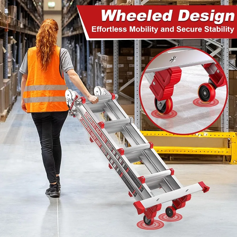 14フィート折りたたみ式伸縮はしご（ホイールとスタビライザーバー付き）- 耐荷重330ポンド、多段階伸縮式A型はしご