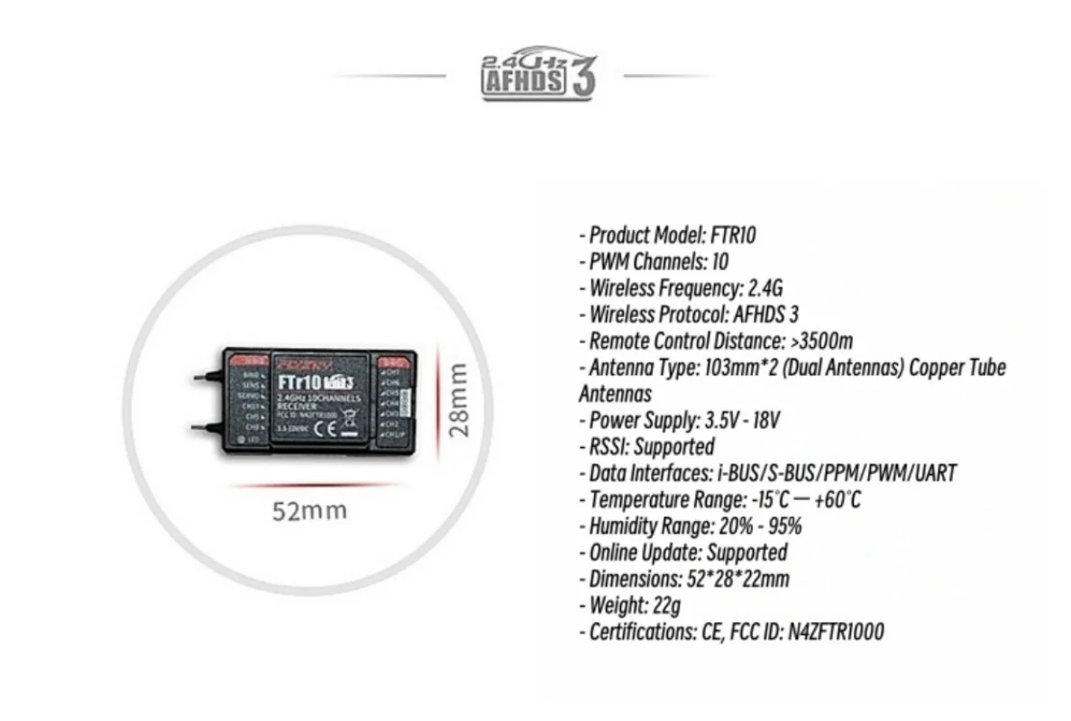 FATJAY FLYSKY FTr10 Transmisión de retorno bidireccional Receptor impermeable de 10 canales compatible con PL18 NB4