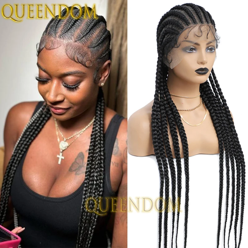 Full Lace Box Braid Synthetic Wig 36 Inch Natural Knotless Cornrow Plait Braids Wig Faux Locs Heat Resistant Braided Goddess Wig