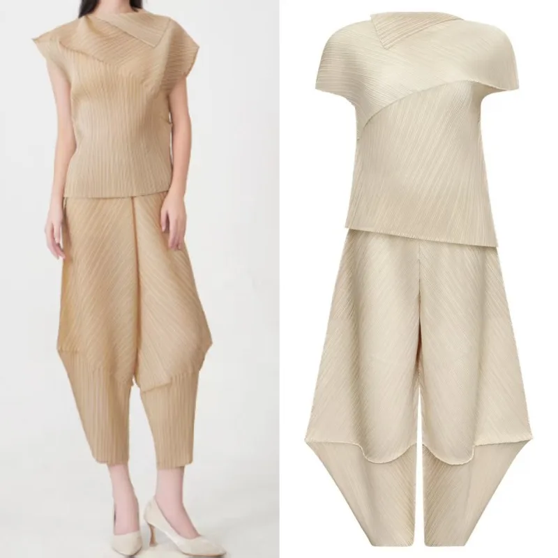 

Комплект плиссированных брюк Miyake, однотонный однотонный модный топ без рукавов с лацканами, лето 2029, женские широкие брюки с капюшоном