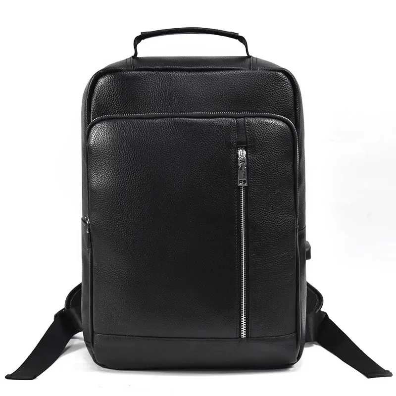 Mochila de couro preto para homens, mala de viagem vaca real, mochila escolar, bolsa masculina para laptop, mochilas USB 15.6"