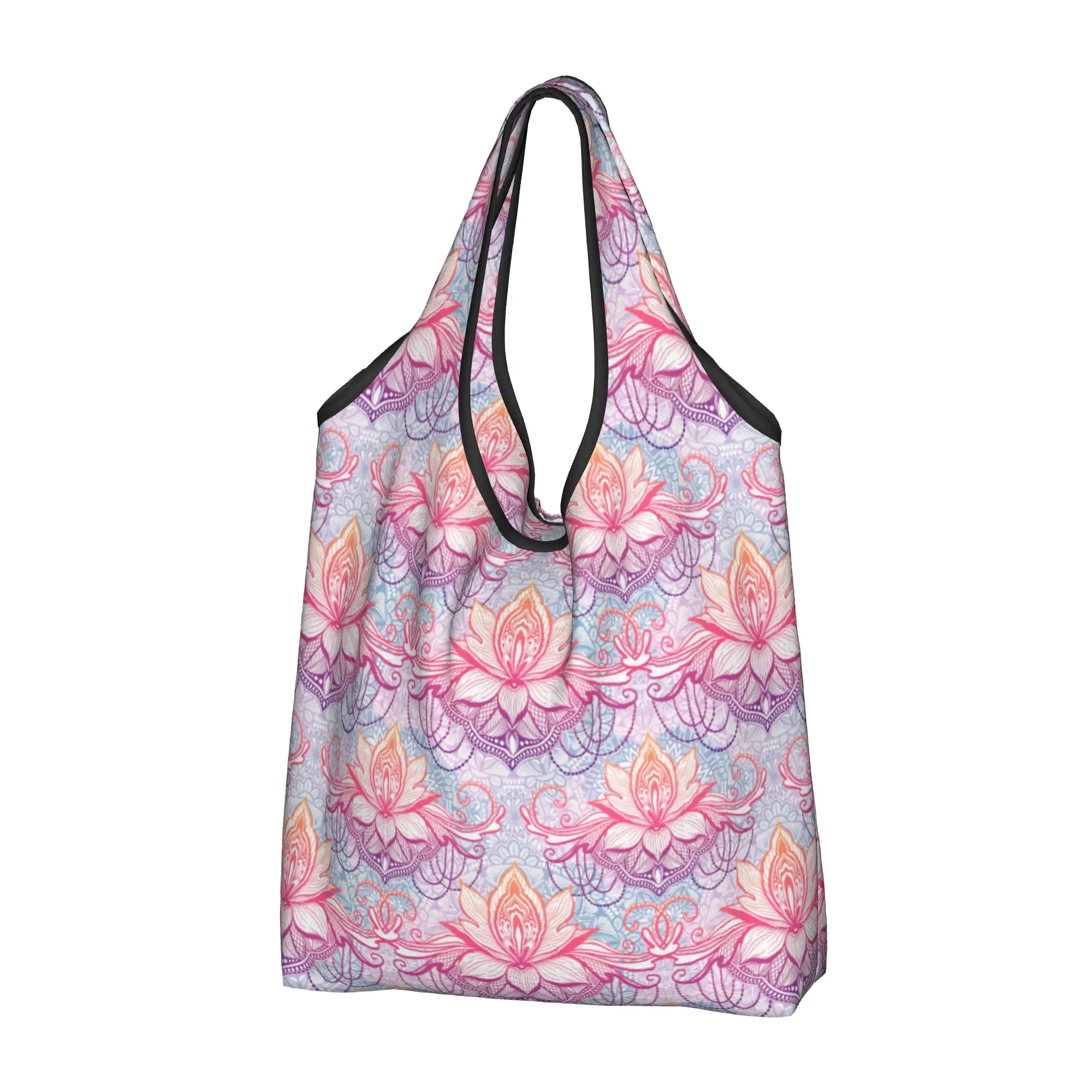Mandala Bohemian Style Lotus Flower Groceries Tote Shopping Bag Women Cute Kaleidoscope Texture Shoulder Shopper Bag Handbags