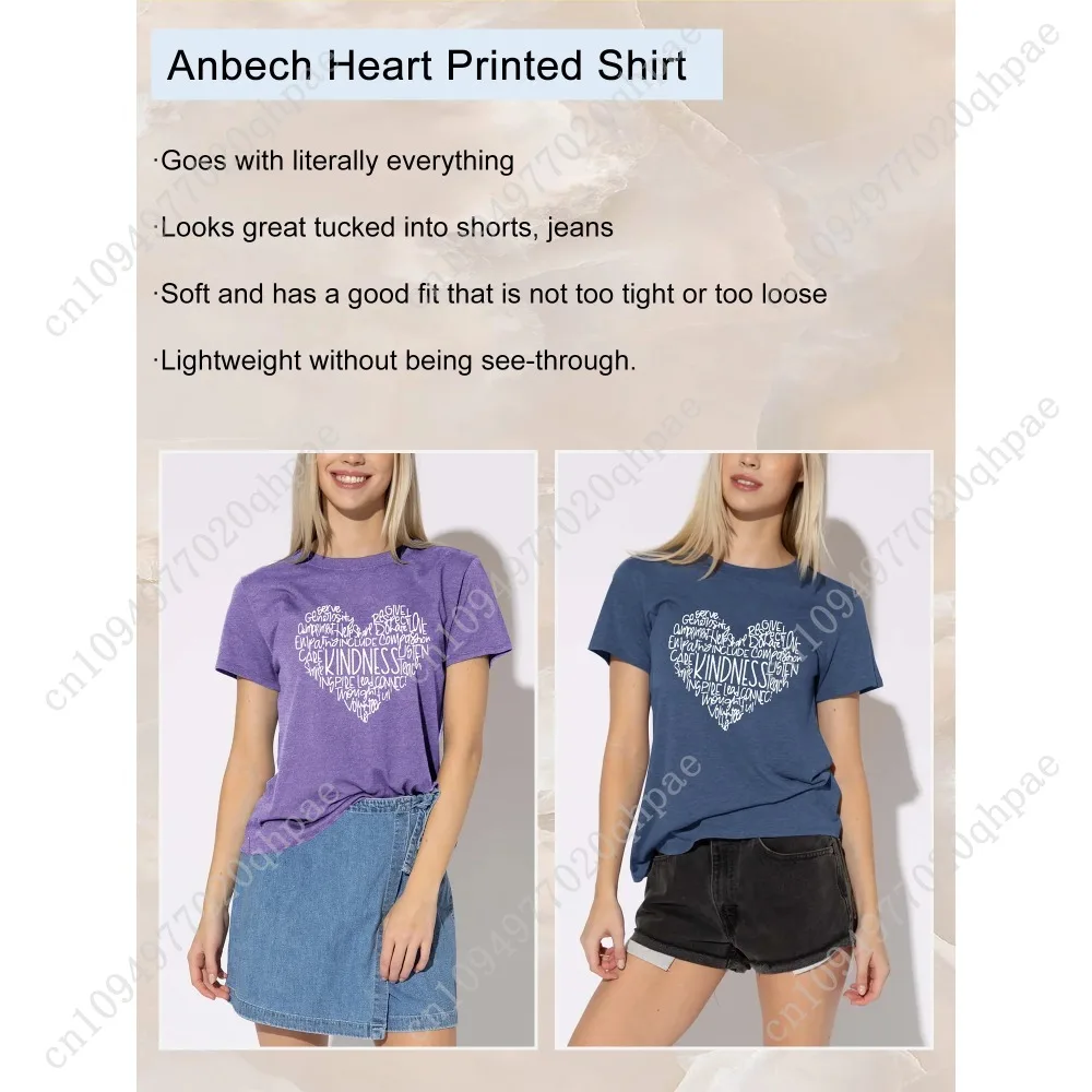 Anbech Heart bedrukt T-shirt voor dames Casual grafische junior meisjes T-shirts met korte mouwen en ronde hals