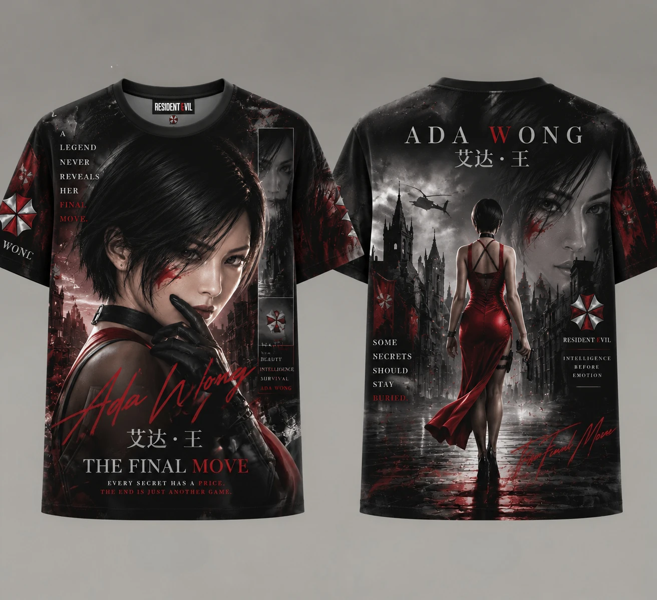 Y2K Ada Wong Full Print T‑Shirt Vintage Poster Aesthetic Loose Fit Streetwear Casual Short Sleeve Tops for Men Women Kids Unisex