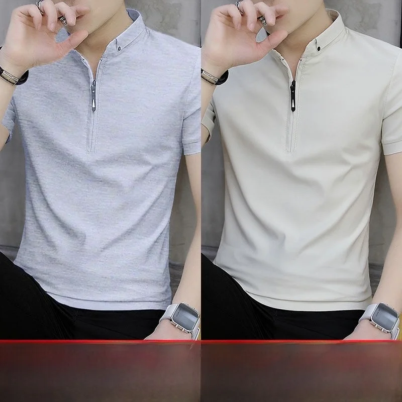 Pure Cotton Ice Silk Short Sleeve  Shirt Dad Style Summer Fashionable Men's Clothing Slim Fit Youth Trend Splice Design