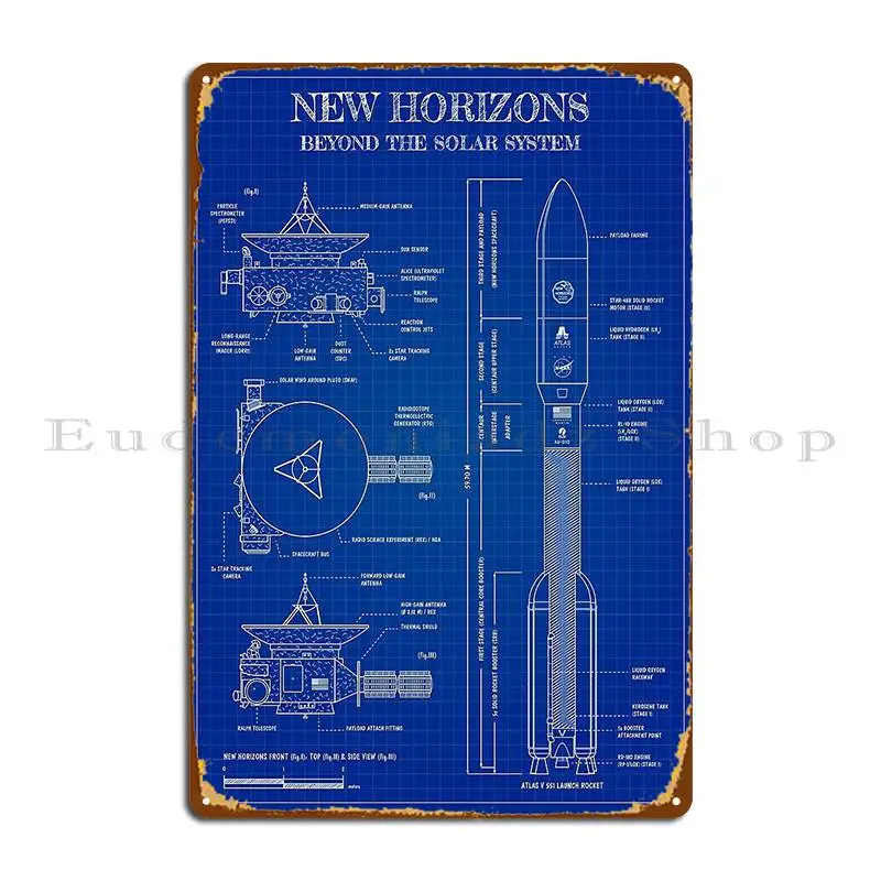 New Horizons Deep Space Exploration Probes Blueprint Metal Sign Wall Decor Cinema Home Funny Printed Tin Sign Poster