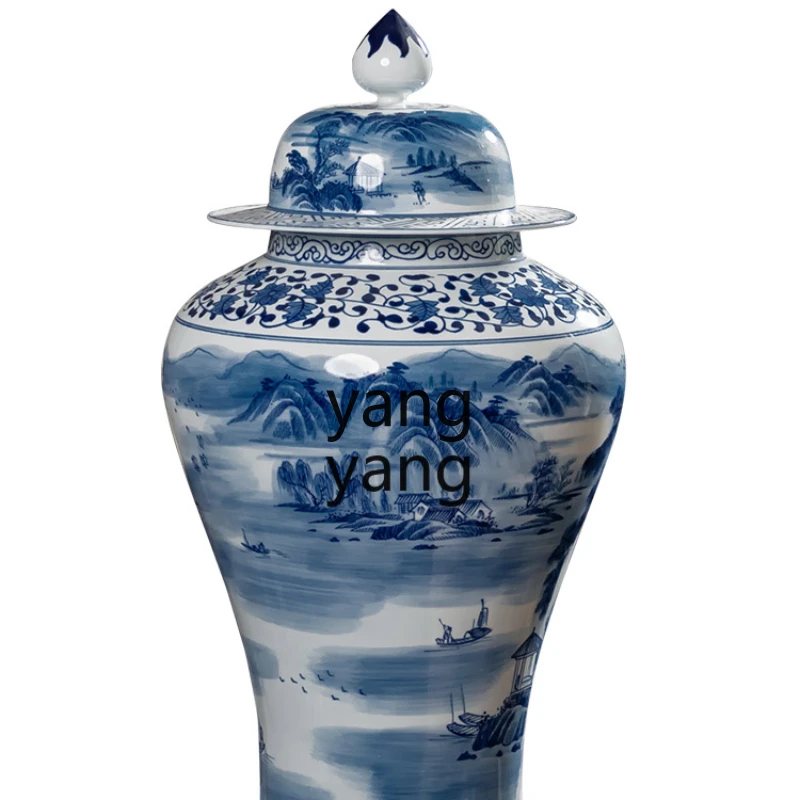 Yhl Ceramic Vase Blue and White Porcelain Temple Jar Living Room Decoration New Chinese Landscape Storage Jar Large