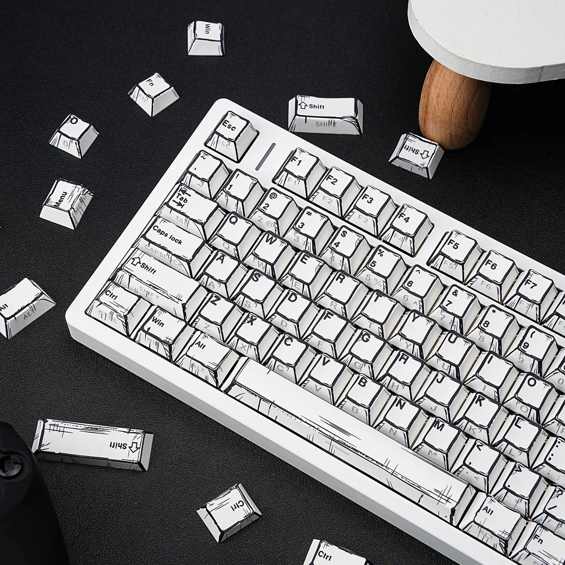 

Comic White Side Print PBT Keycaps Cherry Profile for Korean Russian German Spanish French Arabic Layout Shine Through for South