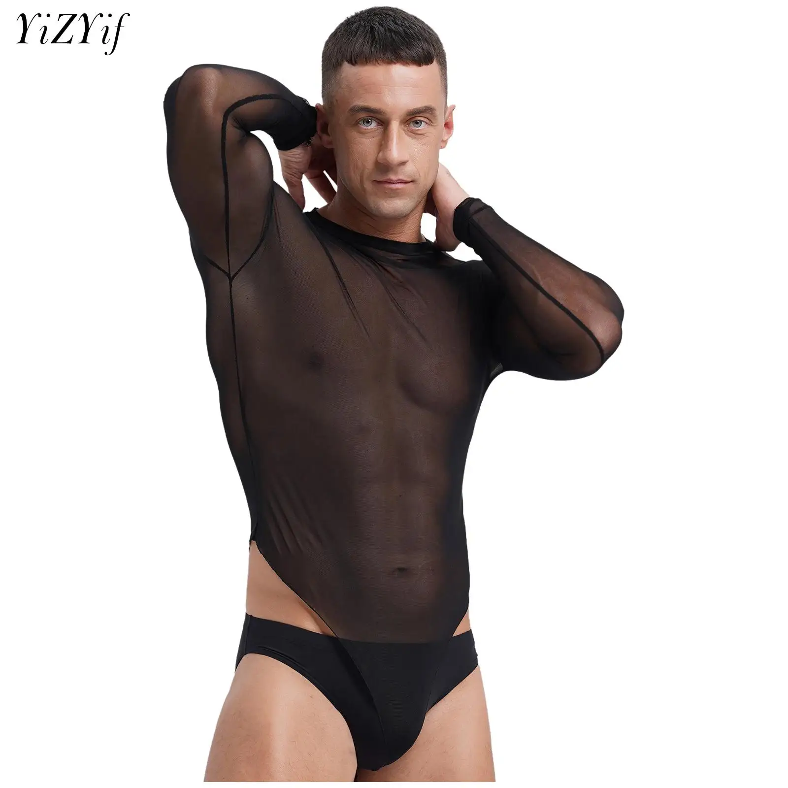 Men Bodysuits Mesh Transparent Long Sleeve Rompers Male T Shirt High Cut Lace-up Crotch Top Leotard Fashion Streetwear Clubwear