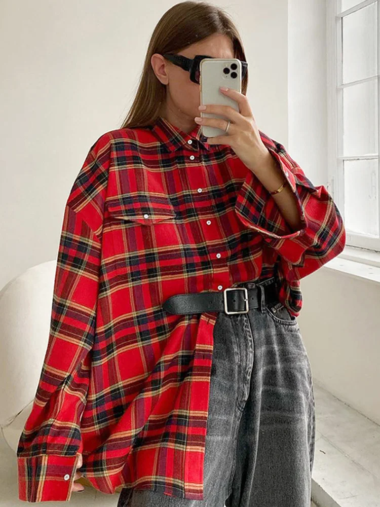 Casual Spring Women\'s Plaid Shirt Colorful Oversize Check Street Lapel Female Shirts 2023 New Vintage Fall Lady Blouse Coat Top