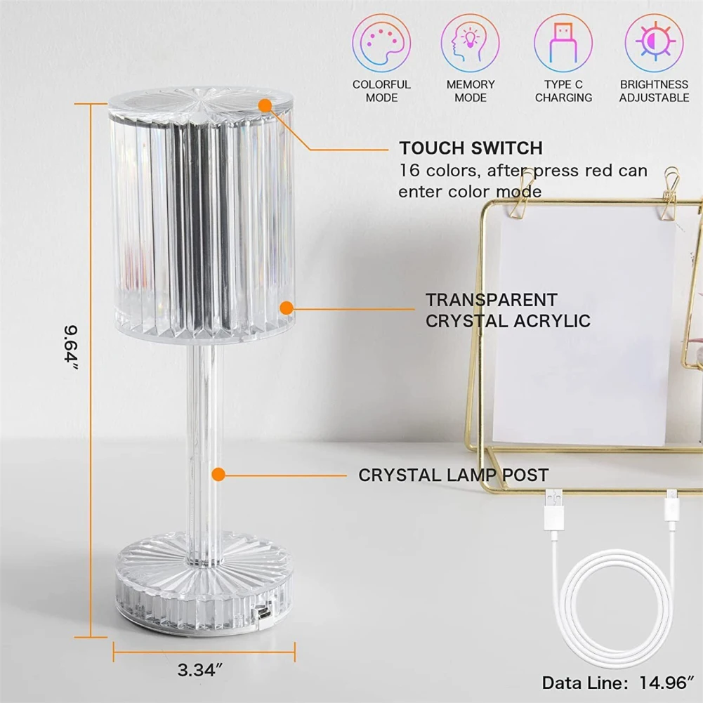 Acrylic Table Lamp Crystal Diamond Table Lamps Touch Remote Control Rechargeable Modern Style Bedside Lamp