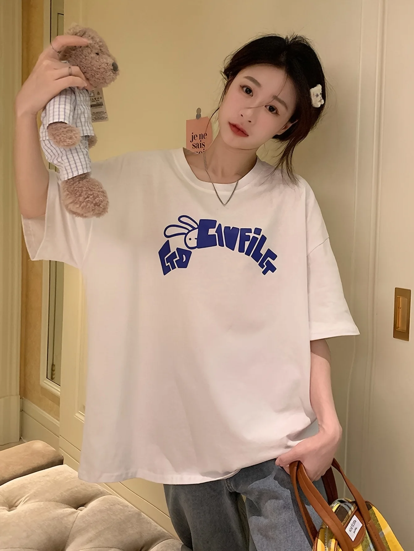 Korean Style Kawaii Bear & Rabbit Print Female Tshirt Summer Casual Cotton T Shirt Fashion Crewneck Loose Streetwear Women Tops