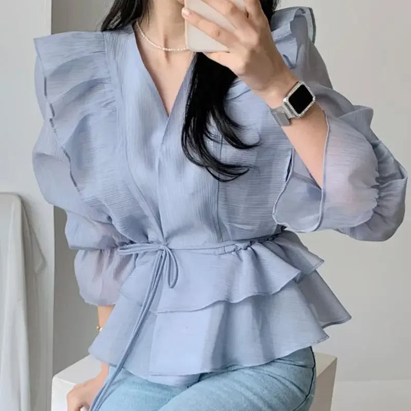 Elegant V-Neck Ruffles Lace Up Bow Irregular Flare Sleeve Shirt Women's Clothing Summer New Casual Tops Loose Sweet Blouse E3031