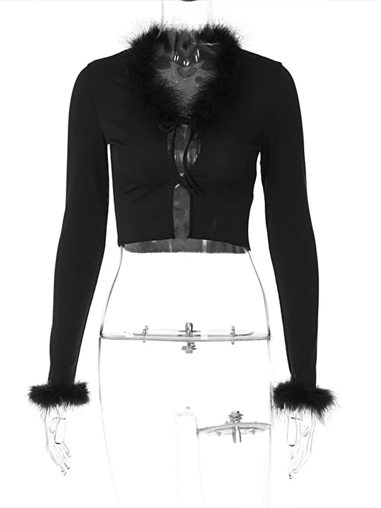 Y2k Stylish Hottie Fluffy Plush Fur Collar Cuff Trim Cropped Top Long Sleeves Hollow Lace-up New Design Basic Wild Tops Clubwear