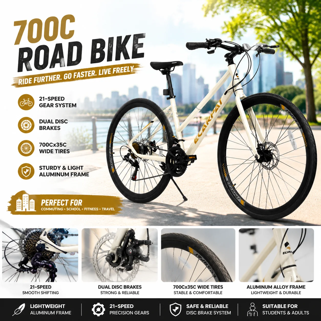 

700Cx35 Road Bike 21-Speed Gear System, Disc Brakes Wide Tires – Ideal for Urban Commuting and Student Transportation (Cream)