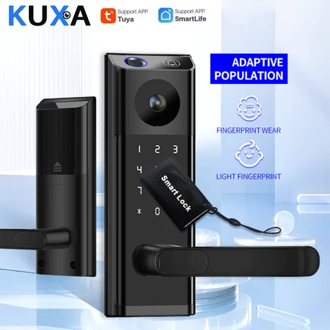 KUAX Tuya WiFi Fingerprint Key password Video electronic Cat Eye Smart lock With Camera Remote control Security Digital for home