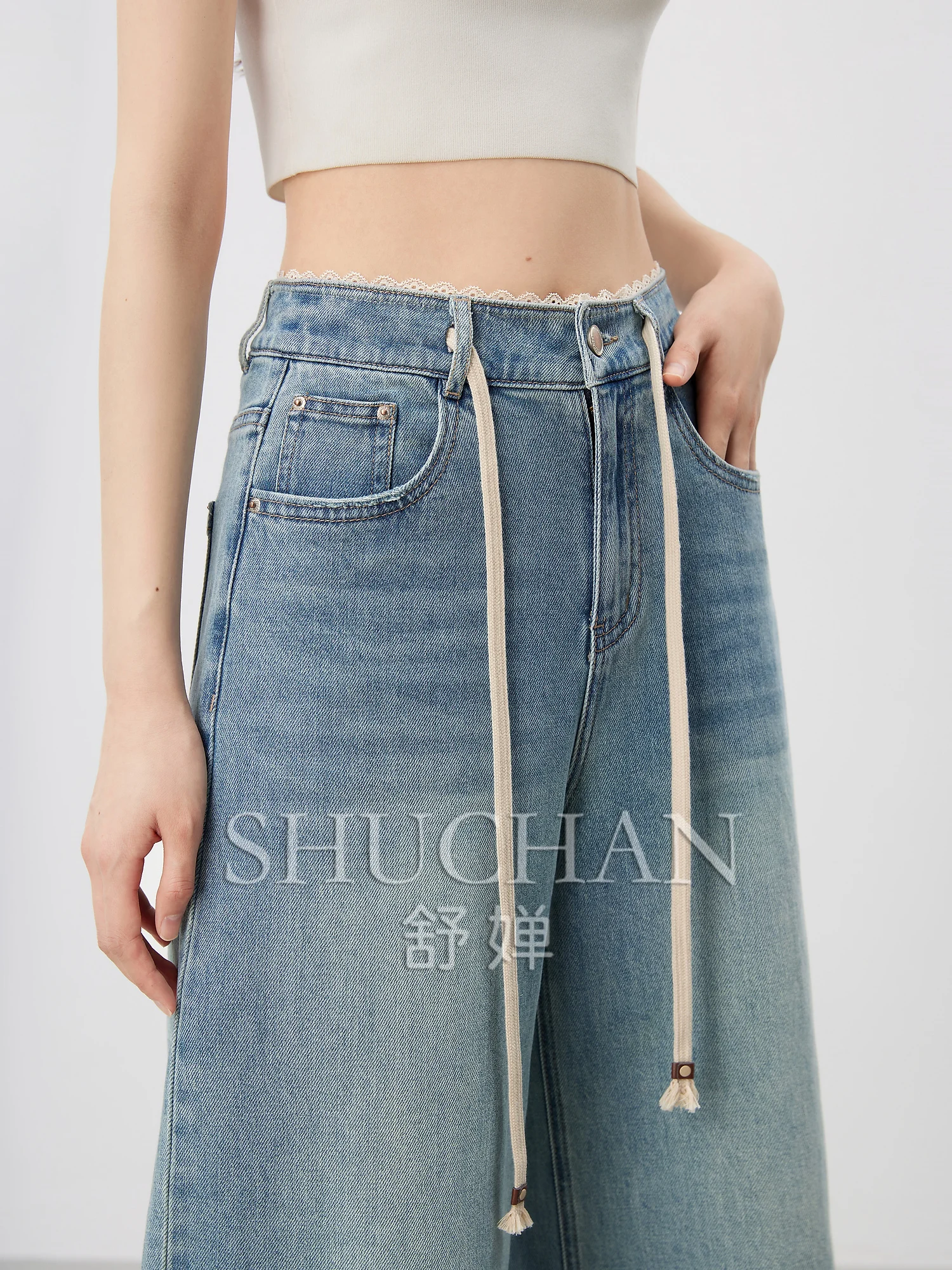 Good Quality Lace Twill Washed Denim, Waist Drawstring Straight Eight-point Jeans Pantalones De Mujer Pants Women