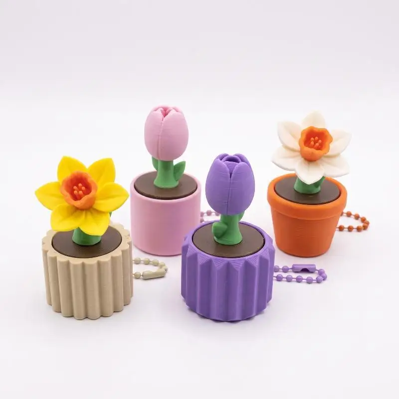 Tiny Potted Flower Fidget Charm, Eco-Friendly PLA 3D Printed Spring Floral Plant Style Decompression Backpack Decor Keychain