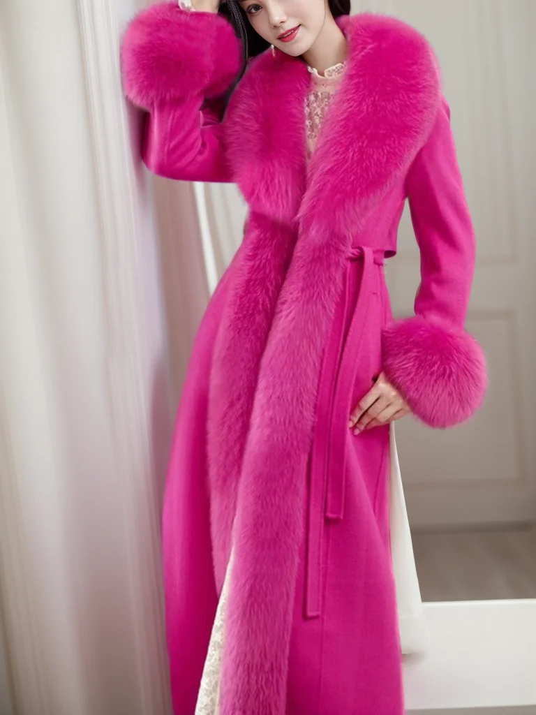 

Ele Long Thiened Woolen Coat with Fur Collar Versatile Outerwear for Autumn Winter Season European Station Brand