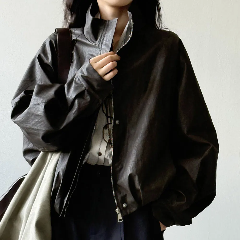 المرأة خمر بولي Leather سترة جلدية معطف الموضة الكلاسيكية الأسود اللون الخريف الربيع سترة باردة فام Casaco Abrigo الشارع الشهير