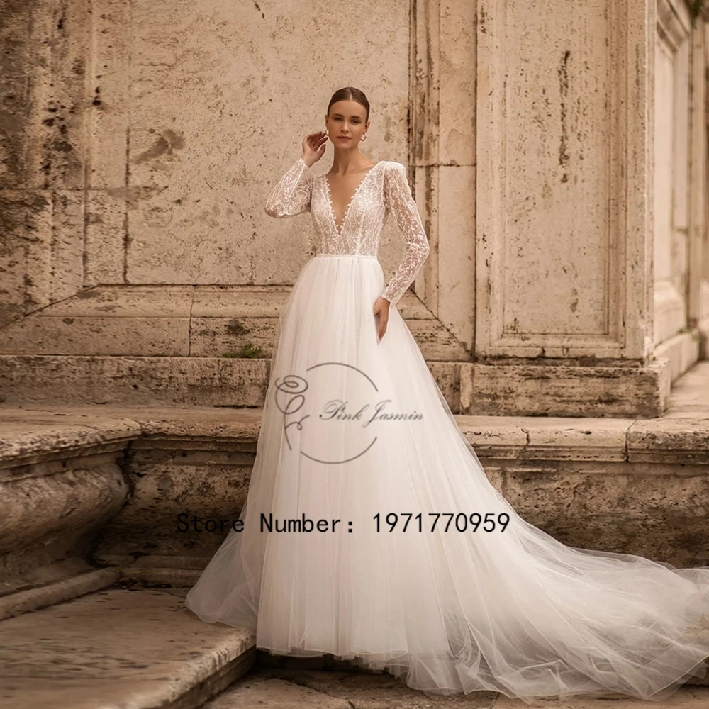 

Gorgeous Wedding Dress V Neck Full Sleeves Glitter Beading Applique Elegant Sexy V Back Wedding Gown Bride Dresses 2024 New