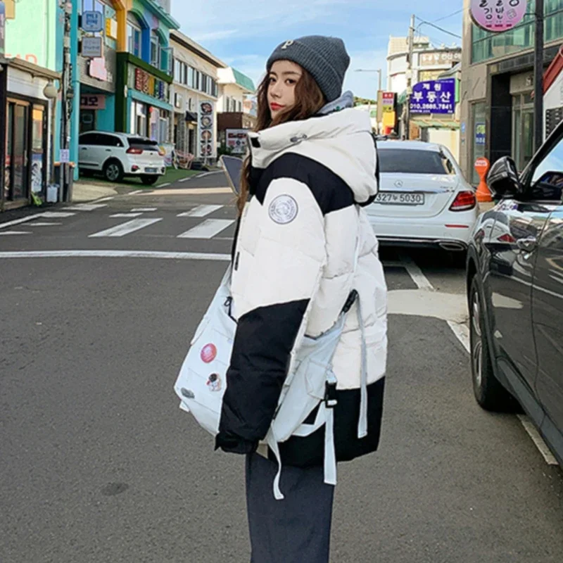 Hooded Winter Parkas Women Keep Warm Thickening Bread Coats Korean Style Contrast Color Pockets Streetwear Design Fashion Girls