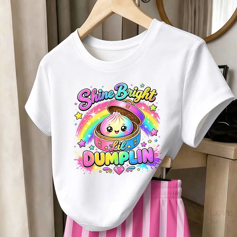 Girls' Casual Round Dumplings Neck Cartoon Pattern And English Print Short Sleeve T-Shirt for Outdoor Halloween Fashion T-Shirt