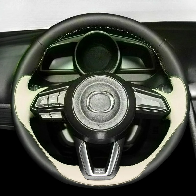 

Hand Stitched peach wood color black white leather car Steering wheel cover For Mazda 3/6 Axela 2017-2018 Atenza CX-3 CX-5CX-9