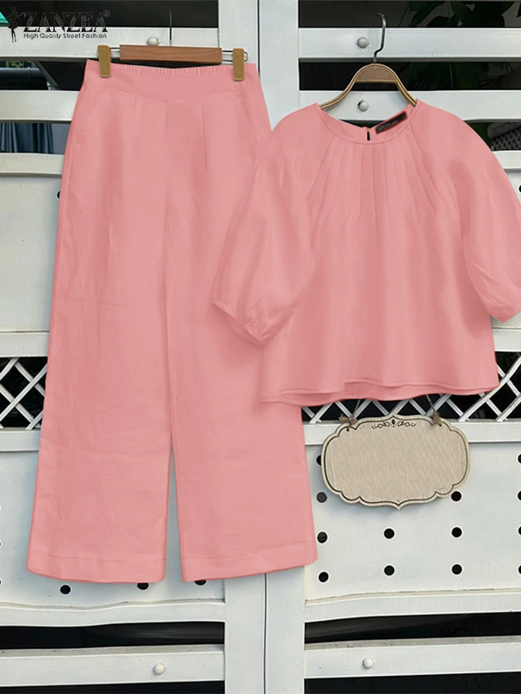 

ZANZEA Wide Leg Pants Woman 2PCS Outfits Solid 2025 Summer 3/4 Puff Sleeves Pintuck Blouses Casual Loose 2 Piece Sets Pant Sets